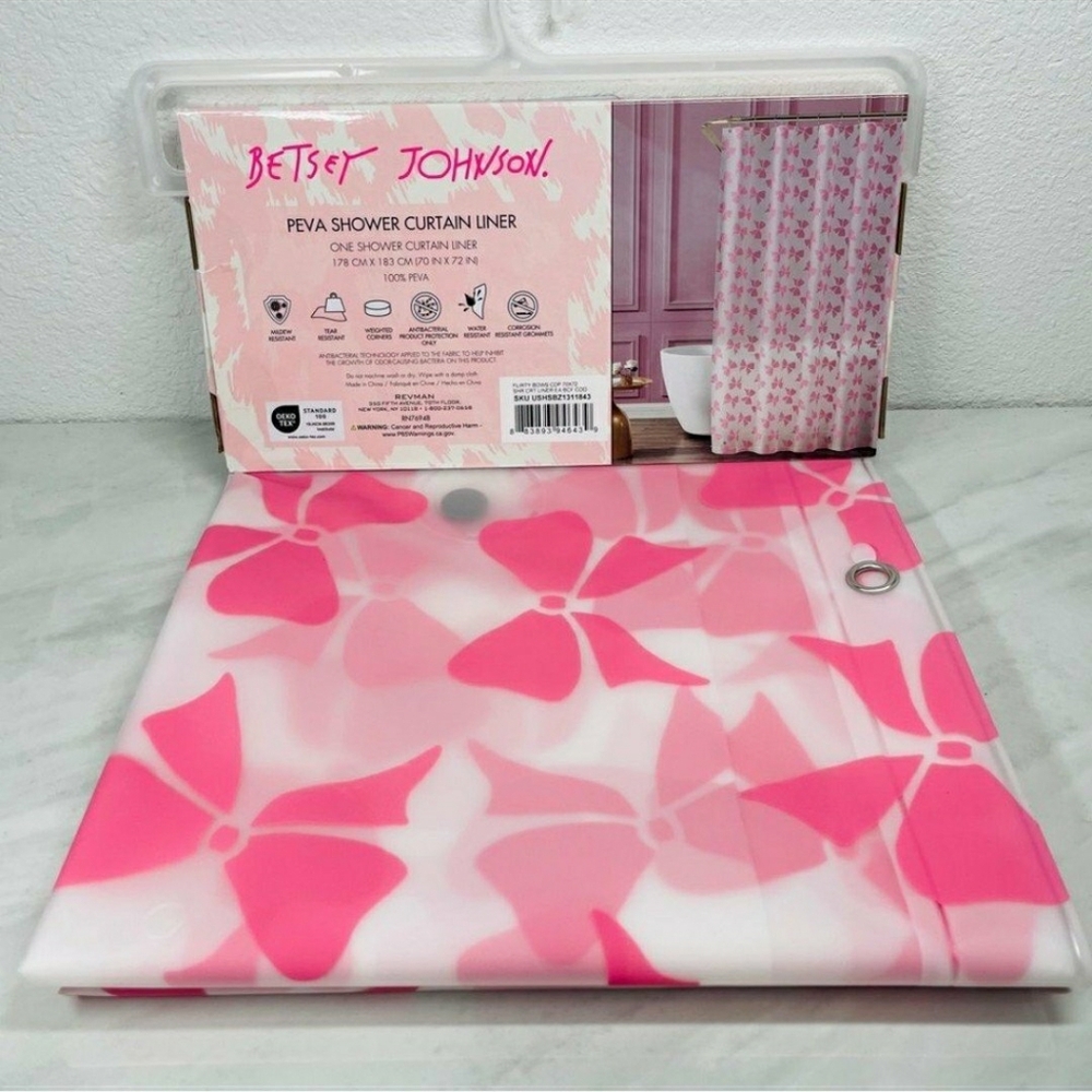 🎀 Betsey Johnson Hot Pink bows print Peva shower curtain BN! 🎀
